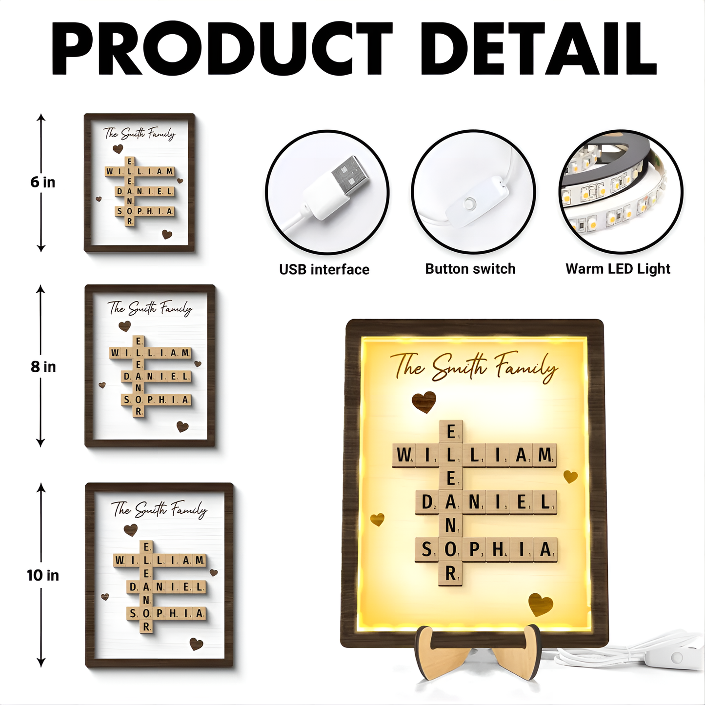 Personalized Family LED Plaque – 2-Layer Wooden Family Crossword Art – Deal Gift for Families