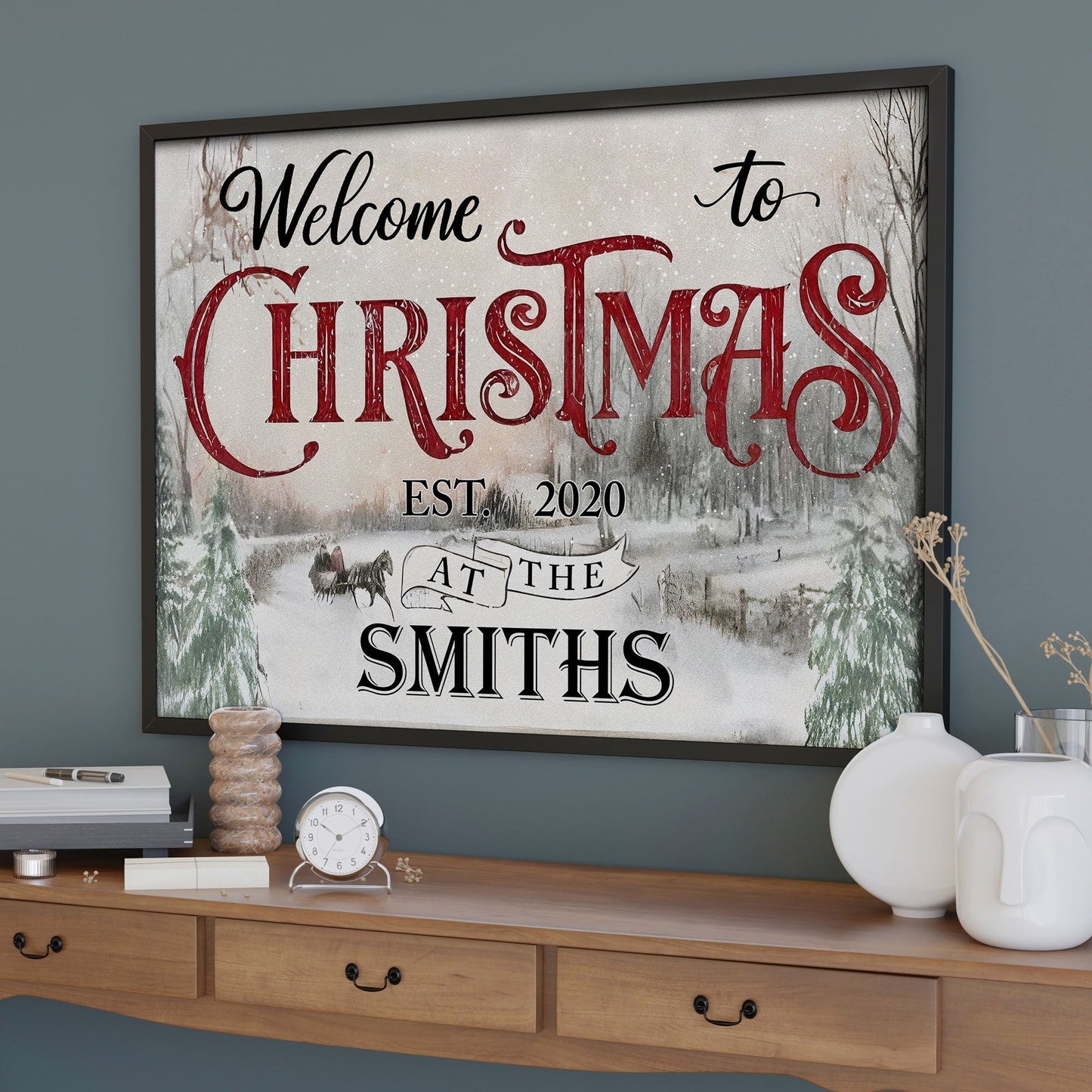 Custom Christmas Welcome Poster, Snowy Horse-Drawn Landscape Wall Decor, Heartwarming Holiday Keepsake, Creative Family Gift for Any Home