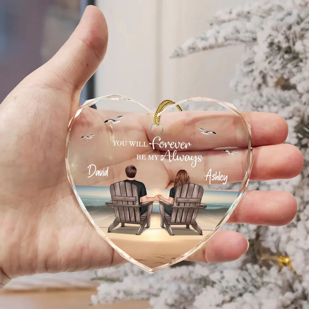 Crystal Heart Ornament with Couple Beach Back View, A Romantic Gift for Loved Ones