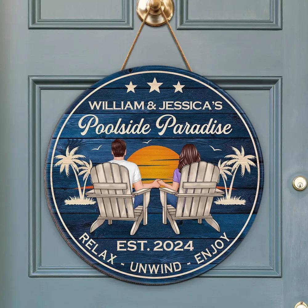 Relaxing Poolside Paradise Decor with Optional Flag Background Couple Sitting Personalized Sign, Flag, Vase - Perfect for Garden, Housewarming, Birthday, Anniversary Gift for Him, Her