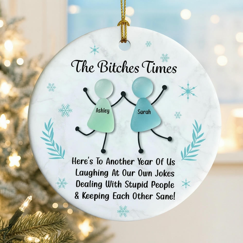Personalized Sea Glass Best Friends Ornament, Funny Christmas Gift for Women, Custom Names, Snowflake Design, Holiday Keepsake