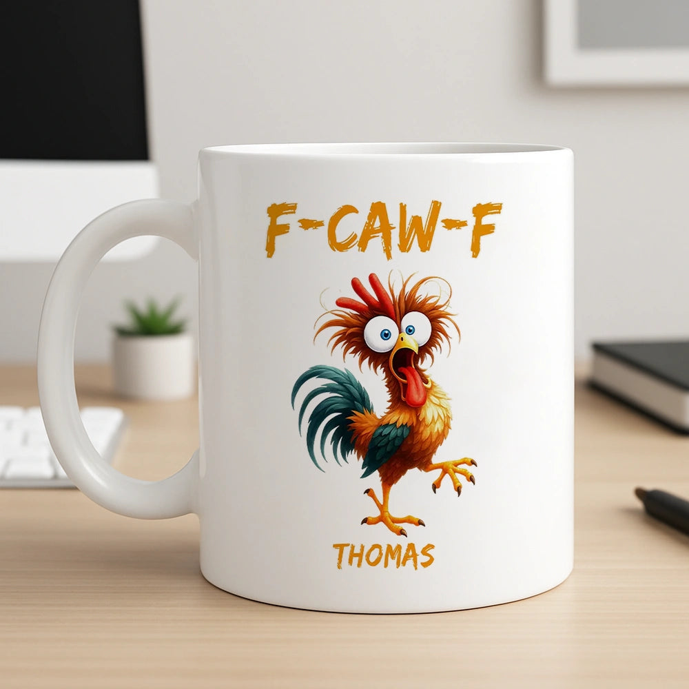 Personalized White Ceramic Mug with Funny Chicken Illustration, Unique Custom Gift for Coworker, Morning Coffee Mood Booster