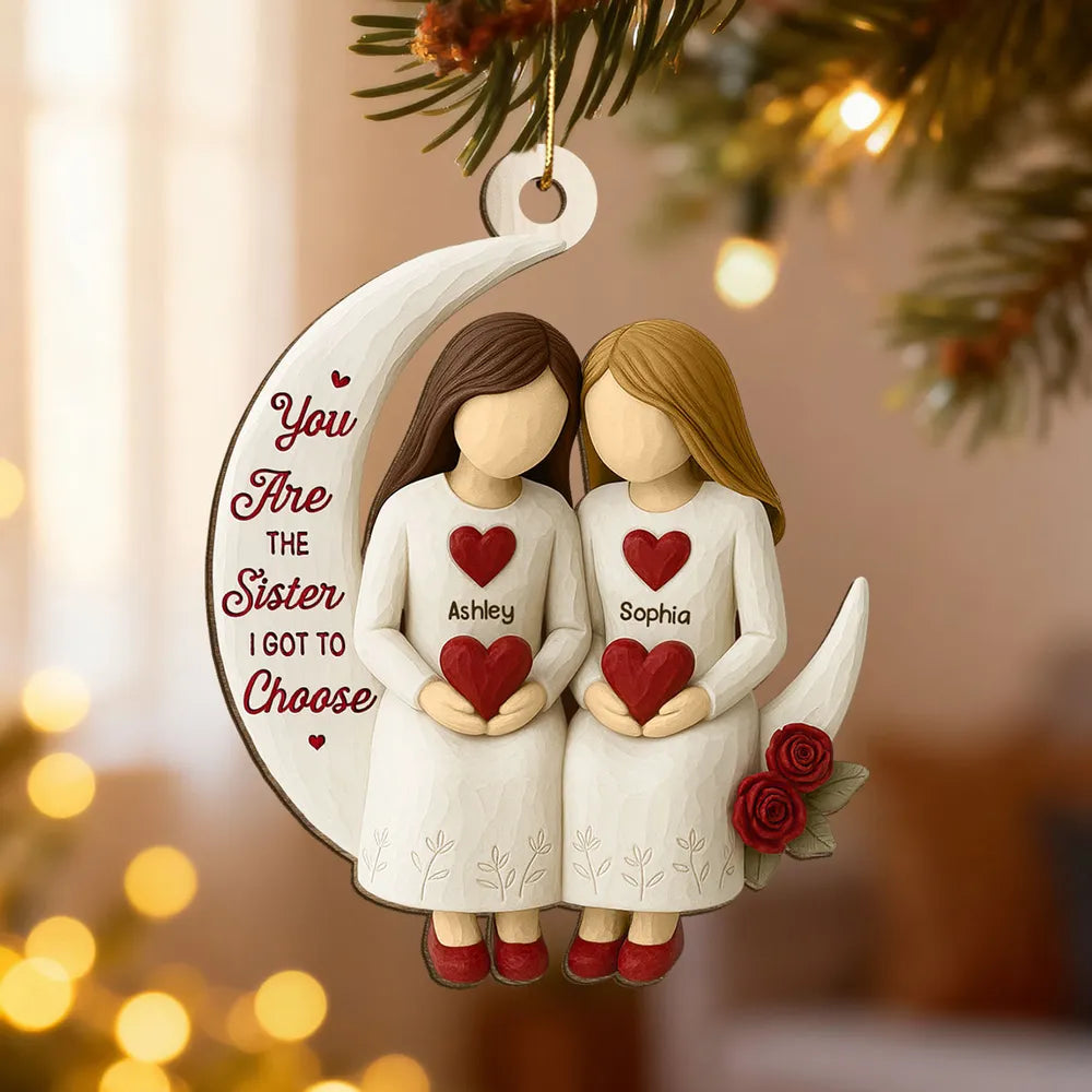 Wooden Ornament, Chosen Sister Friendship Design for Christmas Tree, crescent moon hearts, a unique gift for Best Friend