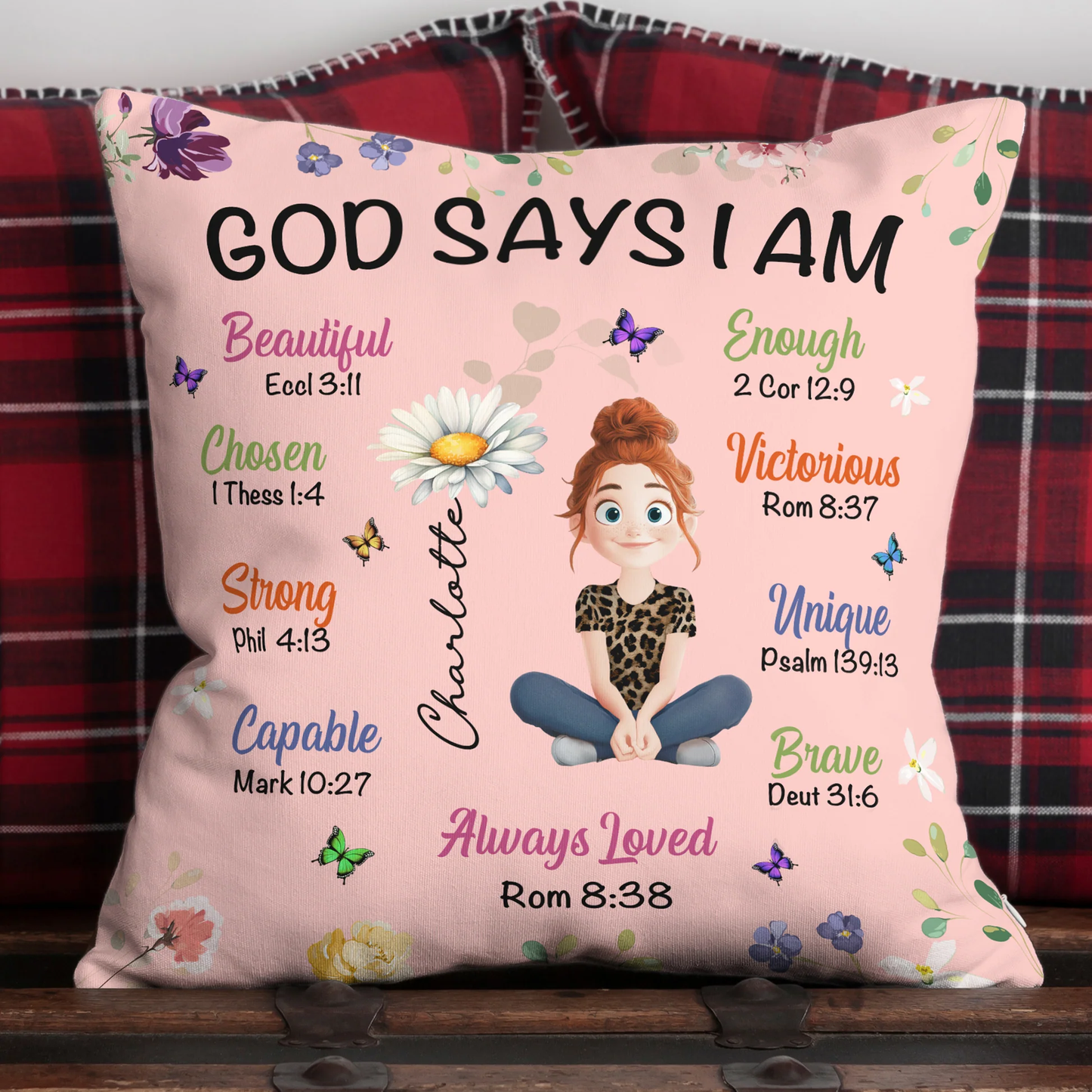 Personalized Square Pillow with Cute Cartoon Girl & Bible Affirmations, Unique Christian Gift for Girls, Cozy Room Decor Accent