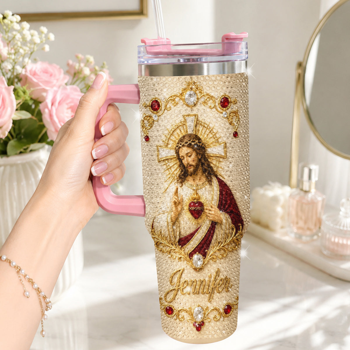God Bless You - Personalized Christian Rhinestone Tumbler With Handle