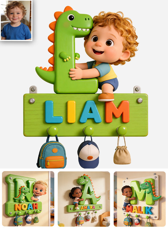 Dinosaur Alphabet Letter & Custom Photo - - Personalized Kid Custom Shaped Hanging Rack