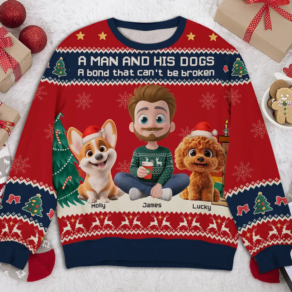 A Man and His Dog Sweatshirt, Custom All-Over Print, Cozy Christmas Cartoon, unique gift for dog dads & pet lovers