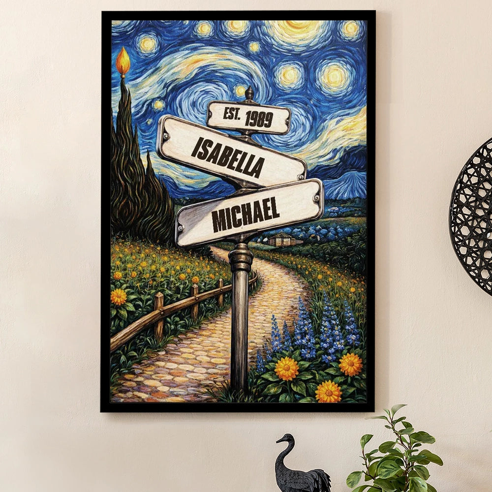 Personalized Couple Poster with Starry Night Signpost Scene, Unique Romantic Gift for Your Partner