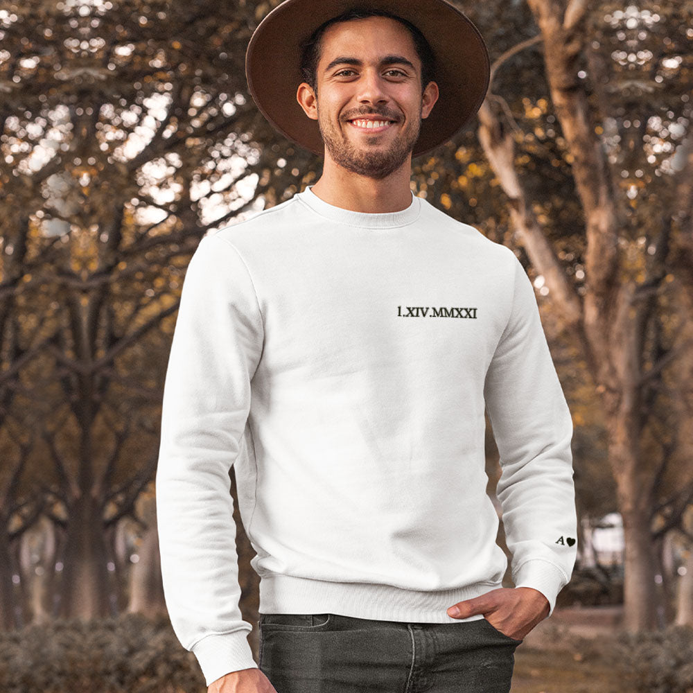 Custom Engraved Embroidery Round Neck Roman Numeral Date - Personalized Couple Sweatshirt