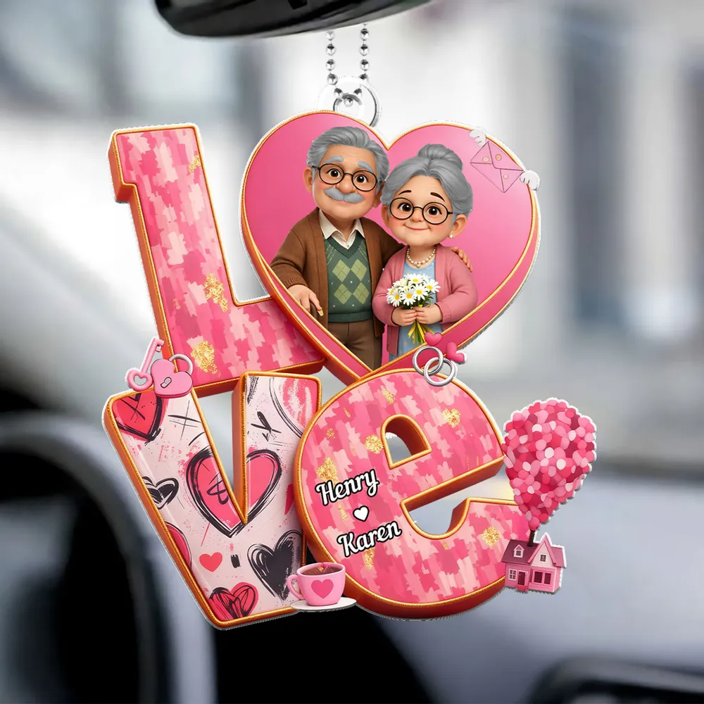 Personalized Acrylic Car Hanger, Cute Elderly Couple in Heart LOVE Design, Sweet Rearview Mirror Decor, Unique Gift for Couples