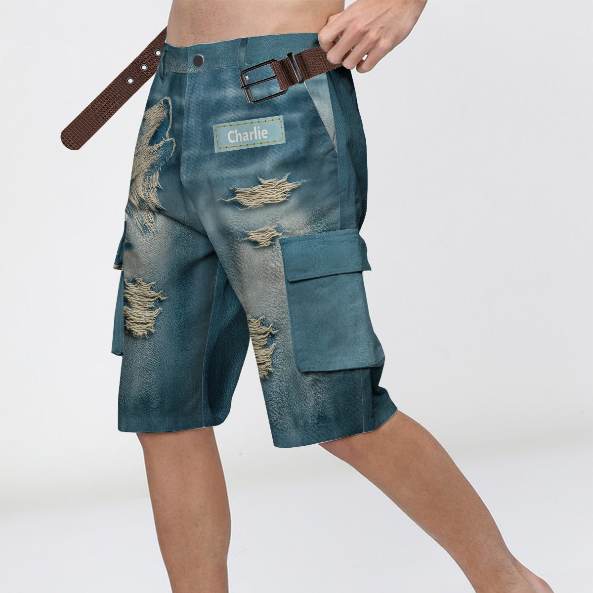 Cool Distressed Howling Wolf - Personalized Wolf Cargo Shorts With Belt