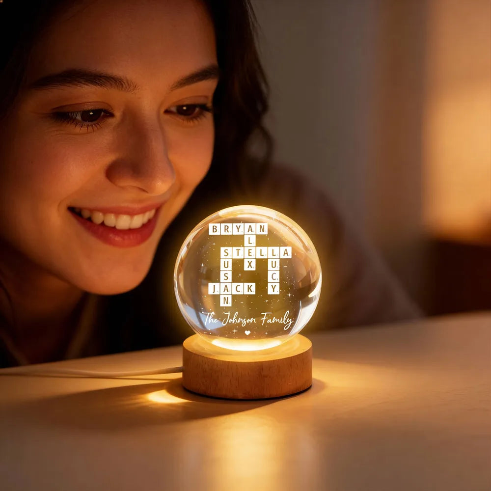 Custom Crossword Family Name Globe Lamp, Cozy Warm Light for Bedroom or Living Room, Thoughtful Unique Gift