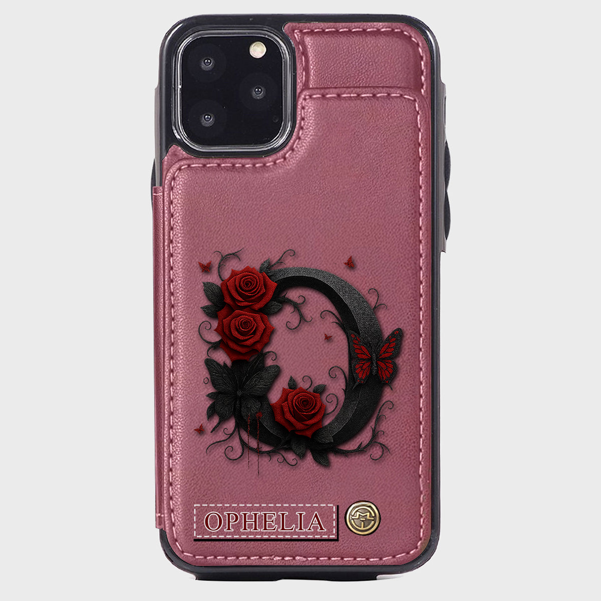 Alphabet Red Rose And Butterflies - Personalized Luxury Wallet Phone Case