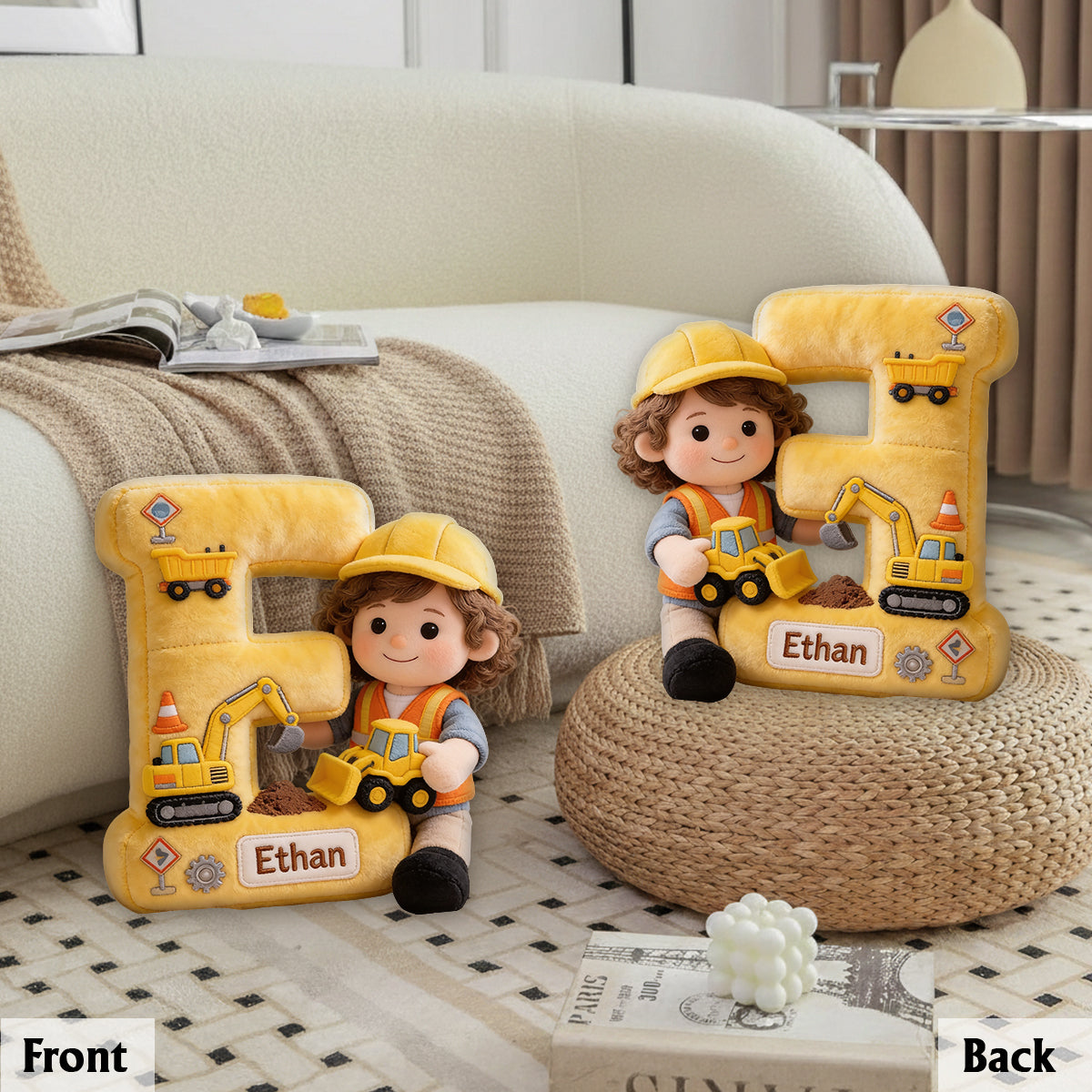 Construction Alphabet Letter & Custom Photo - Personalized Kid Premium Faux Fur Pillow