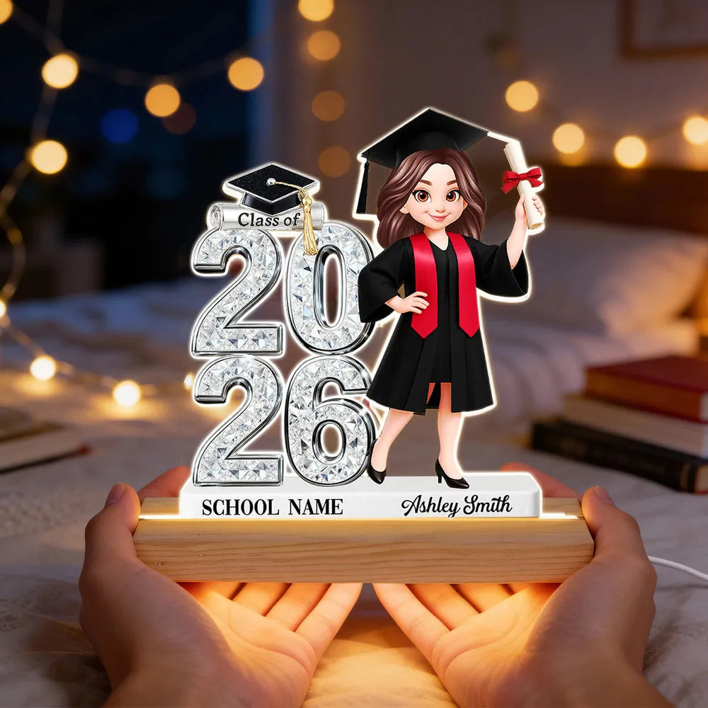 Personalized Block LED Light Plaque Graduation Night Light with Graduate Girl Holding Diploma, Warm Glow Unique Gift