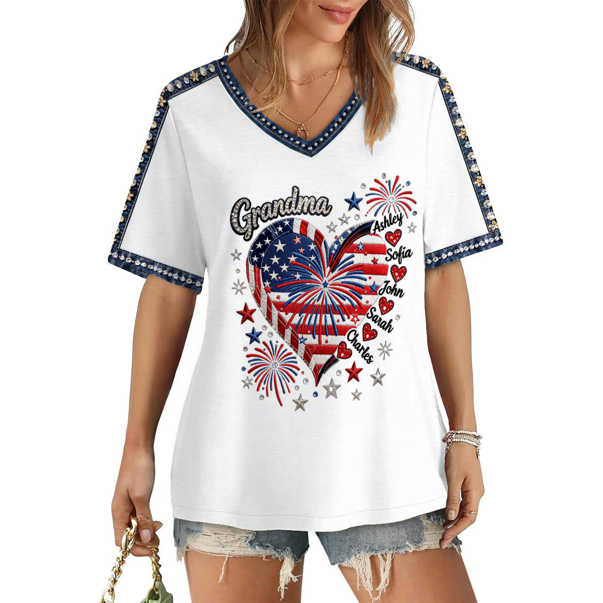 July 4th Grandma Sweethearts Shirt - Personalized Grandma Fully Printed V-Neck T-Shirt