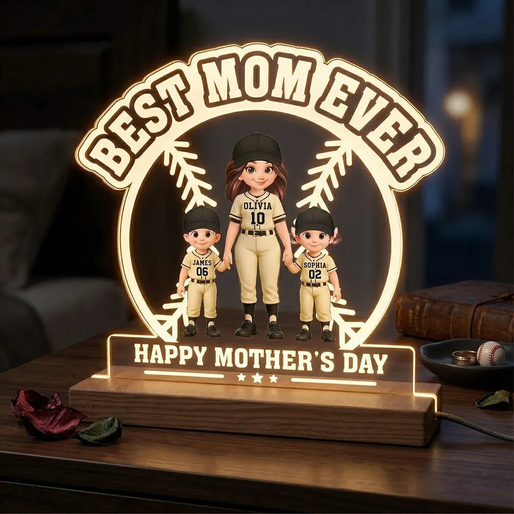 Block LED Light Plaque with Warm Glow, Custom Mom and Kids Baseball Scene, Sweet Bedside Gift for Mom