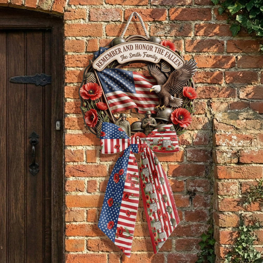 Honor The Fallen - Personalized Memorial Day Shaped Wood Sign With Sash
