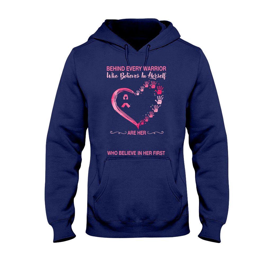 Behind Every Warrior Pink Heart Hand Prints - Breast Cancer Awareness Personalized T-shirt And Hoodie