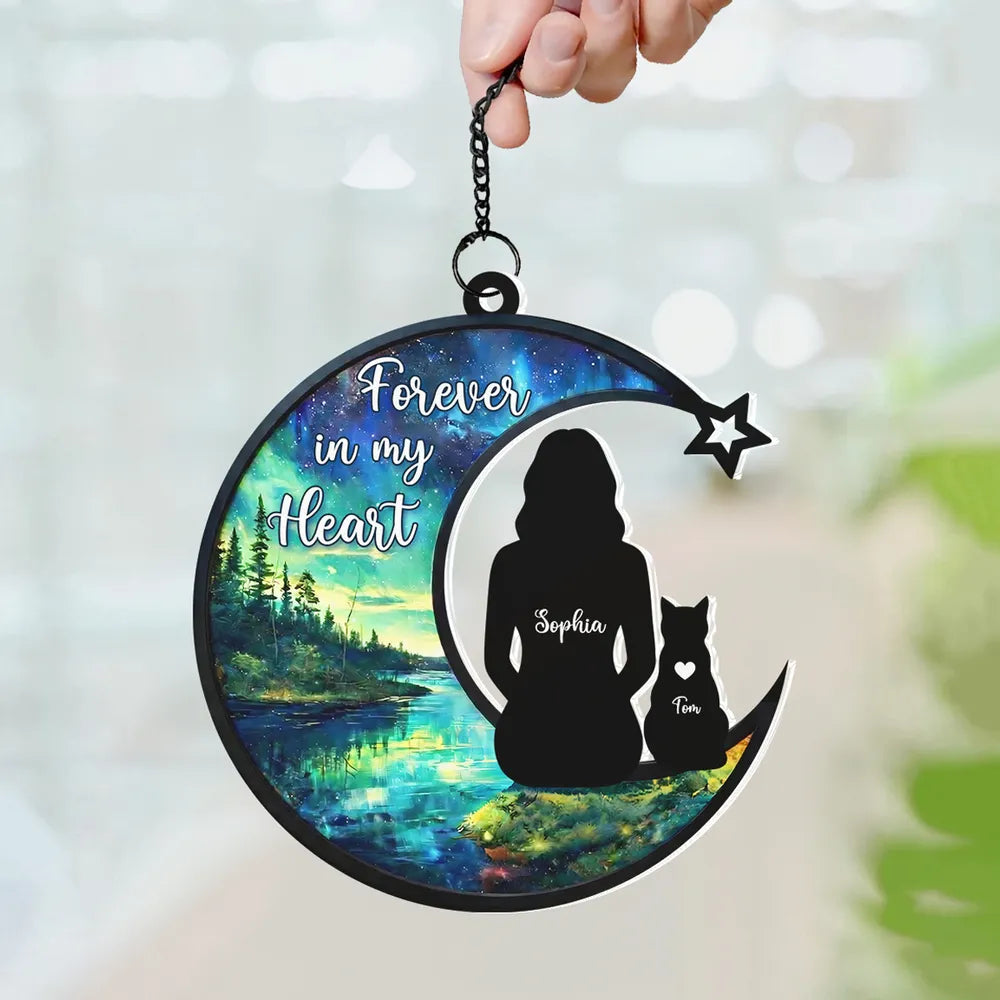 Personalized Acrylic Suncatcher Ornament Cat Memorial Silhouette in Starry Lake Scene - Unique Gift for Cat Lovers