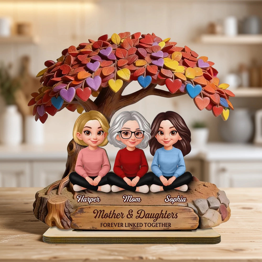 Personalized 2-Layer Wooden Plaque with Mom and Daughters Under Colorful Heart Tree - Unique Gift for Mom, Sweet Family Keepsake