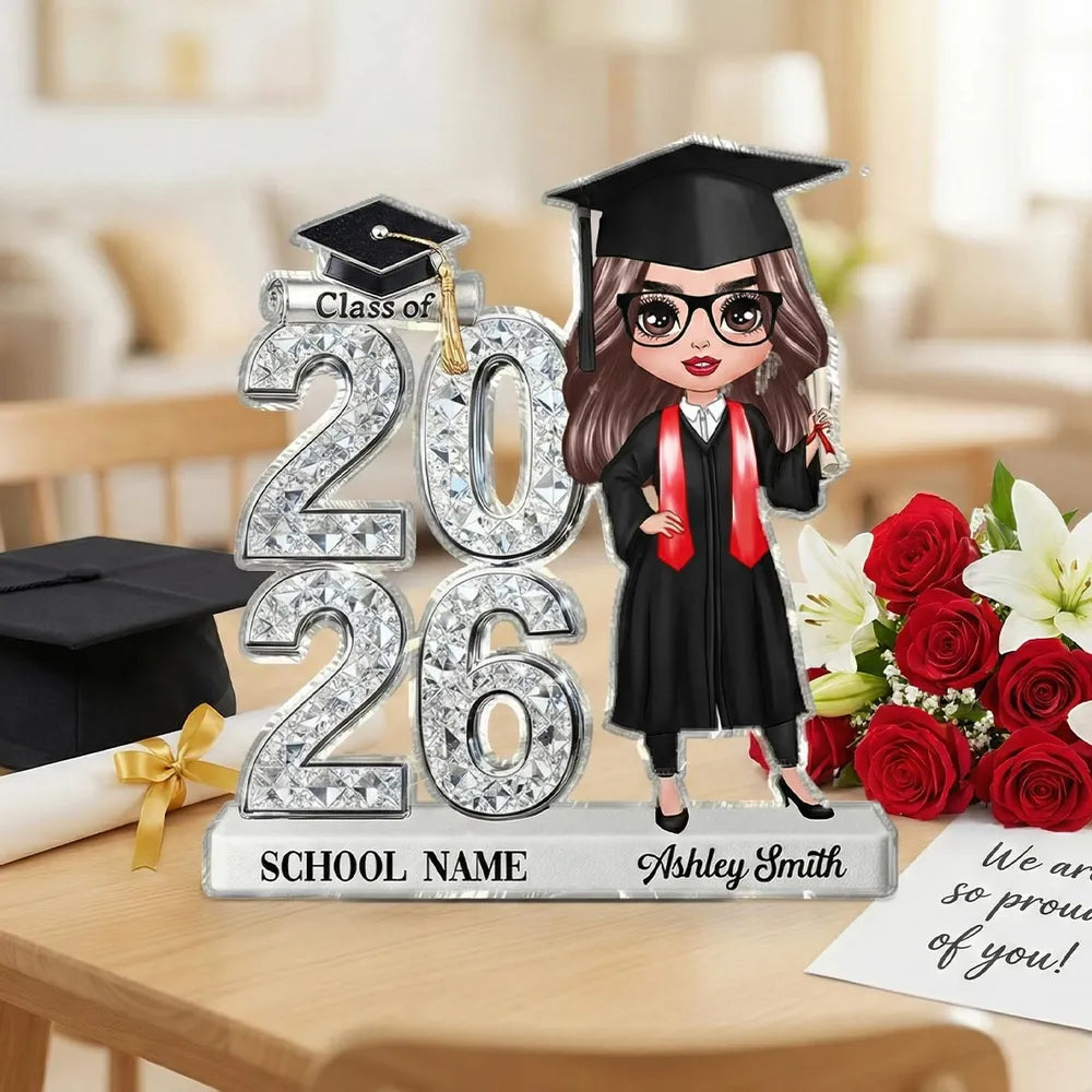 Shaped Acrylic Block Plaque Personalized for Graduation, Glam Class Year Display with Grad Girl Holding Diploma, Thoughtful Gift