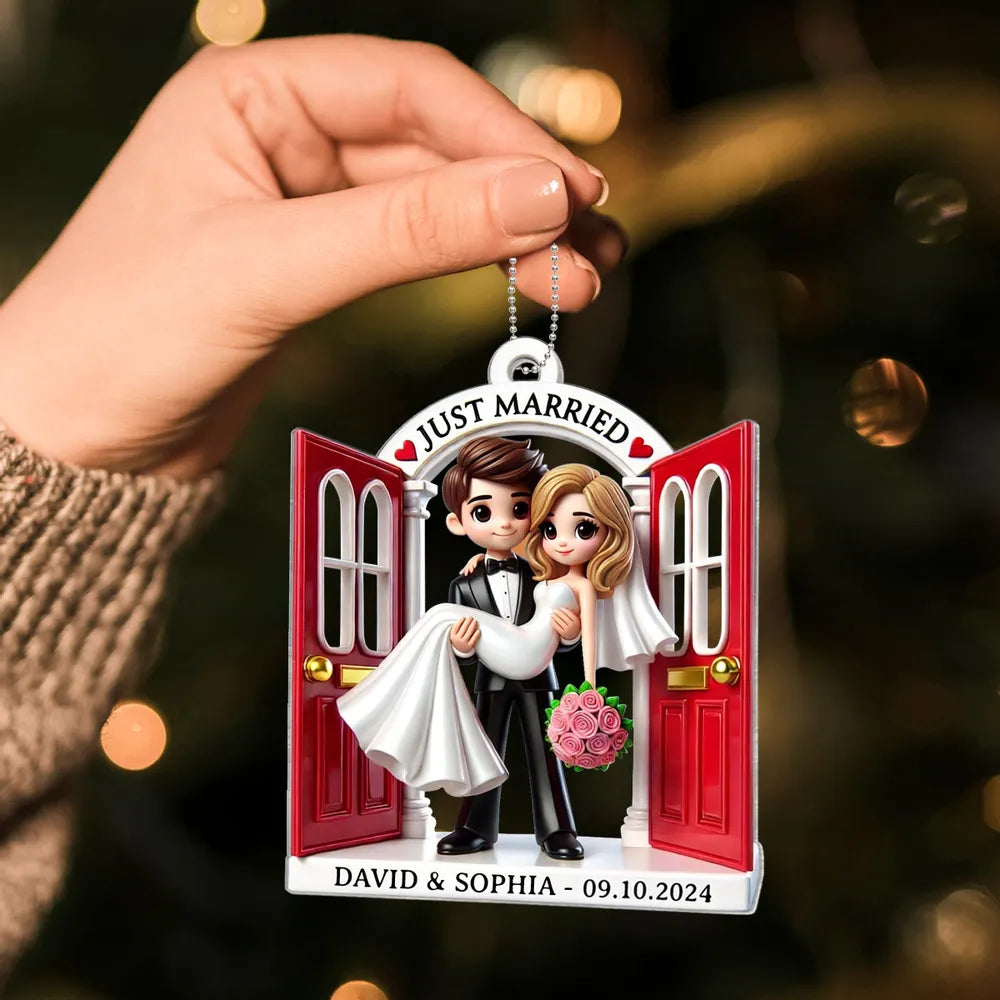 Personalized Acrylic Just Married Couple Ornament | Red Doorway Bride & Groom Carry | Customizable Date & Names