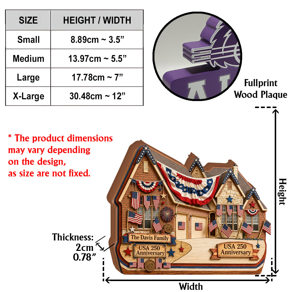 American House 250 Anniversary - Personalized Family Custom Shaped Wood Plaque