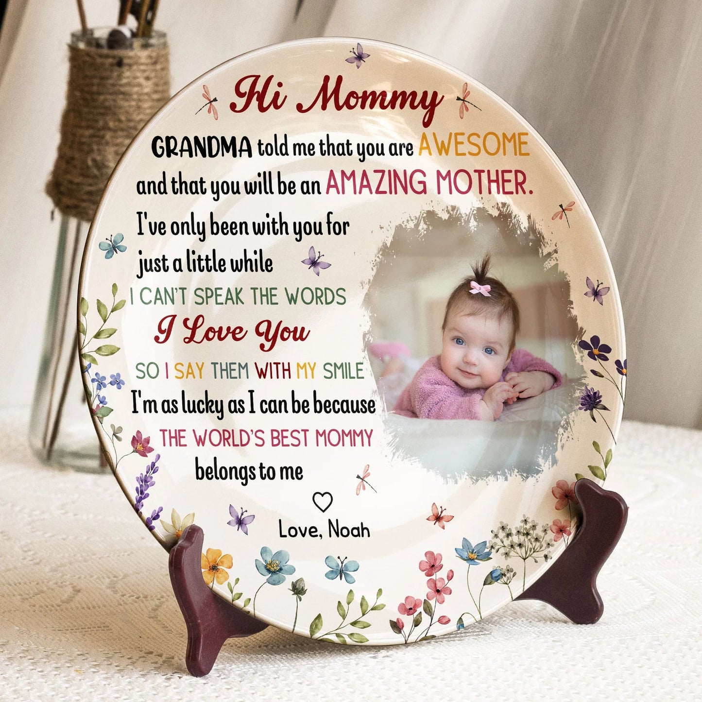 Bone China Plaque with Baby Photo and Heartfelt Mom Message, Soft Floral Table Accent and Wall Decor, Thoughtful Gift