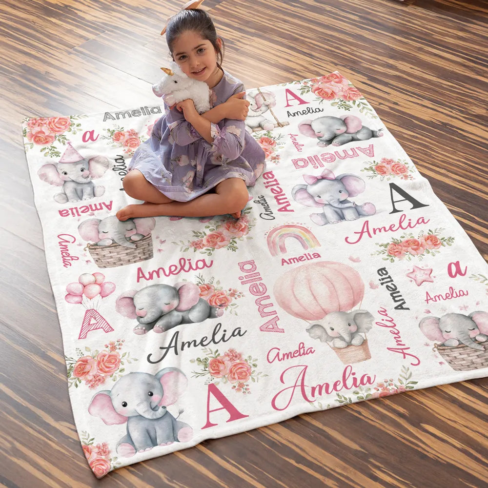 Custom Name Baby Fleece Blanket with Cute Pink Elephant Illustrations, Lightweight Cozy Throw, Adorable Personalized Gift
