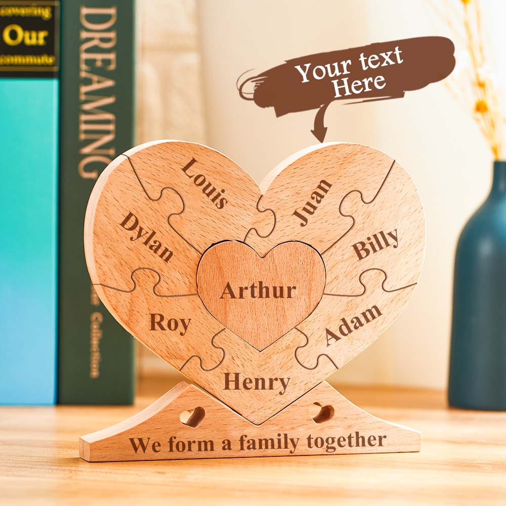 Engraved Wooden Name - Personalized Family Name Heart Puzzle Plaque