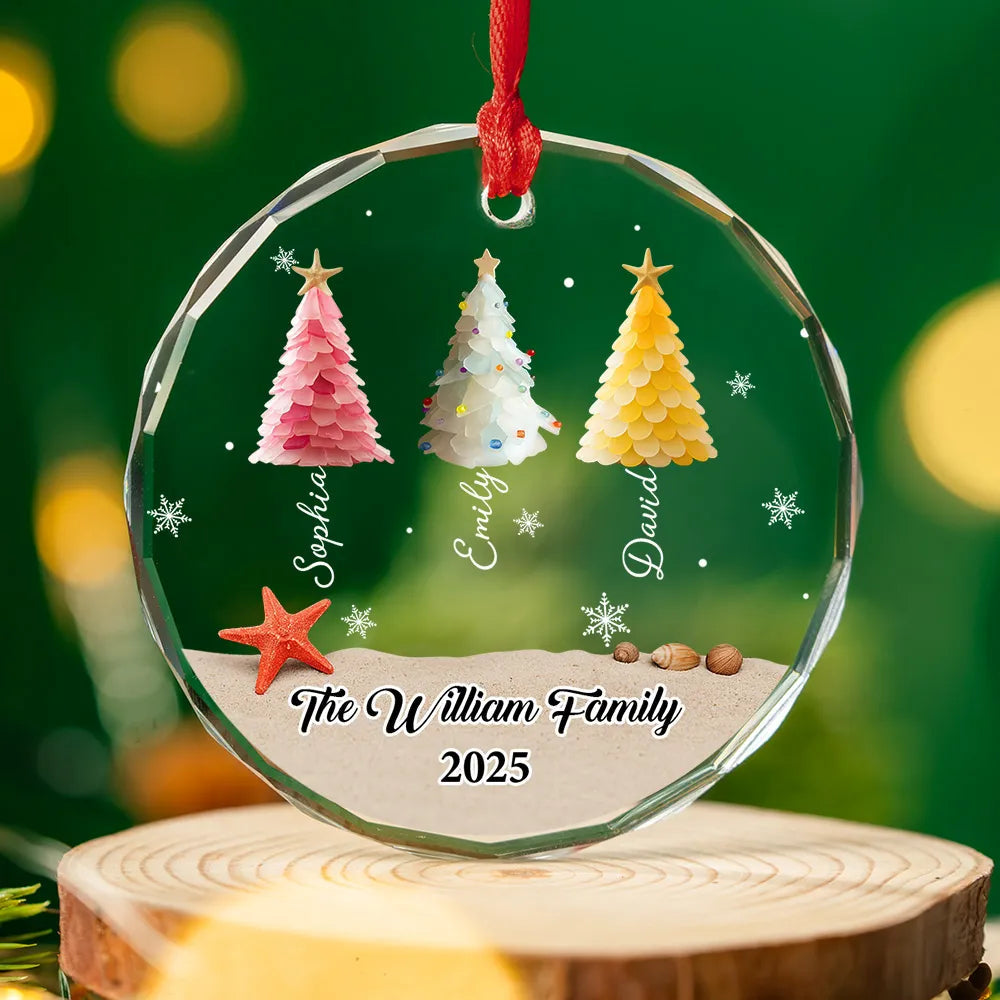 Custom Crystal Ornament with Beach-Inspired Christmas Trees, Personalized Family Name Holiday Decor, Creative Christmas Gift for Loved Ones