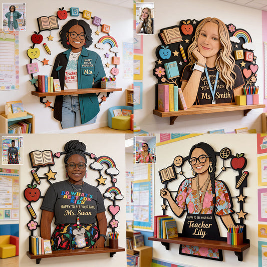 Happy To See Your Face - Personalized Teacher Wooden Floating Shelf