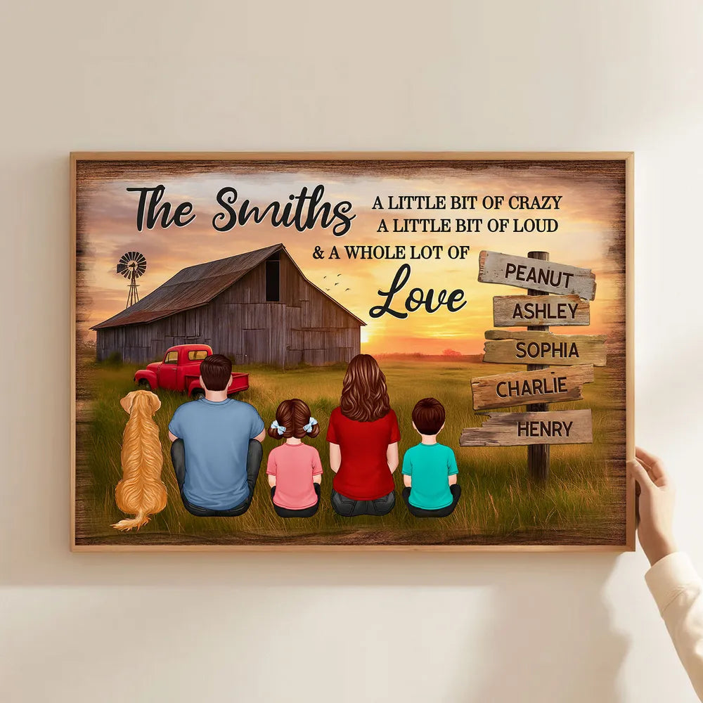Custom Rustic Farm Family Poster Sunset Barn and Kids with Dog Cozy Country Decor Unique Father's Day Gift