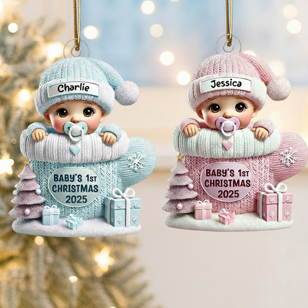 Baby in Mitten Acrylic Ornament, Pastel Knit & Snowflakes, Baby's First Christmas Keepsake, unique gift for new parents