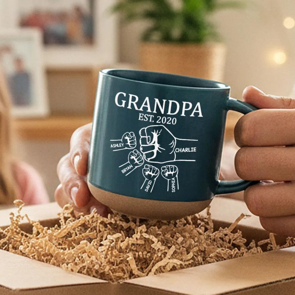 Personalized Pottery Mug with Grandpa Fist Bump Design, Cozy Coffee Moment, Unique Gift for Grandpa