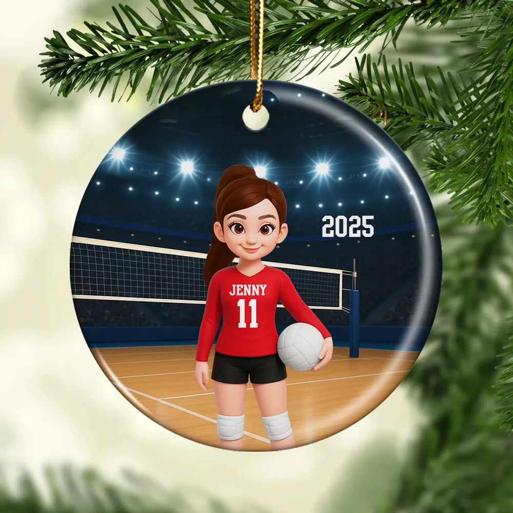 Volleyball Girl Ceramic Ornament with Court Scene, Unique Gift for Teen Athlete or Daughter