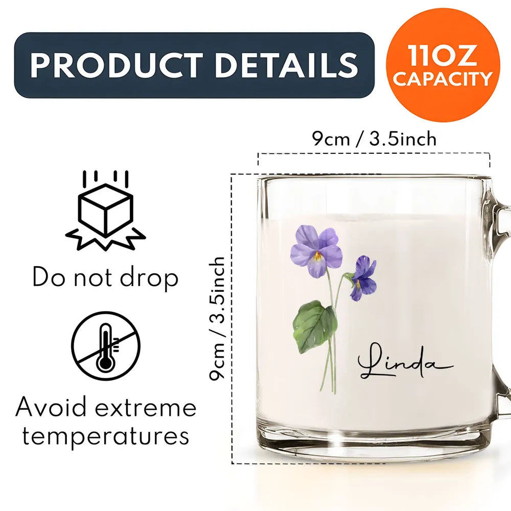 Personalized Glass Mug – Perfect Gift for Friends and Family with Custom Name and Beautiful Floral Design