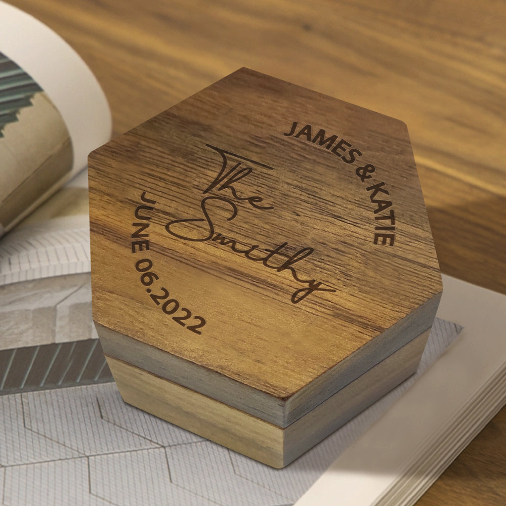 Custom Engraved Text - Personalized Hexagon Wooden Jewelry Box