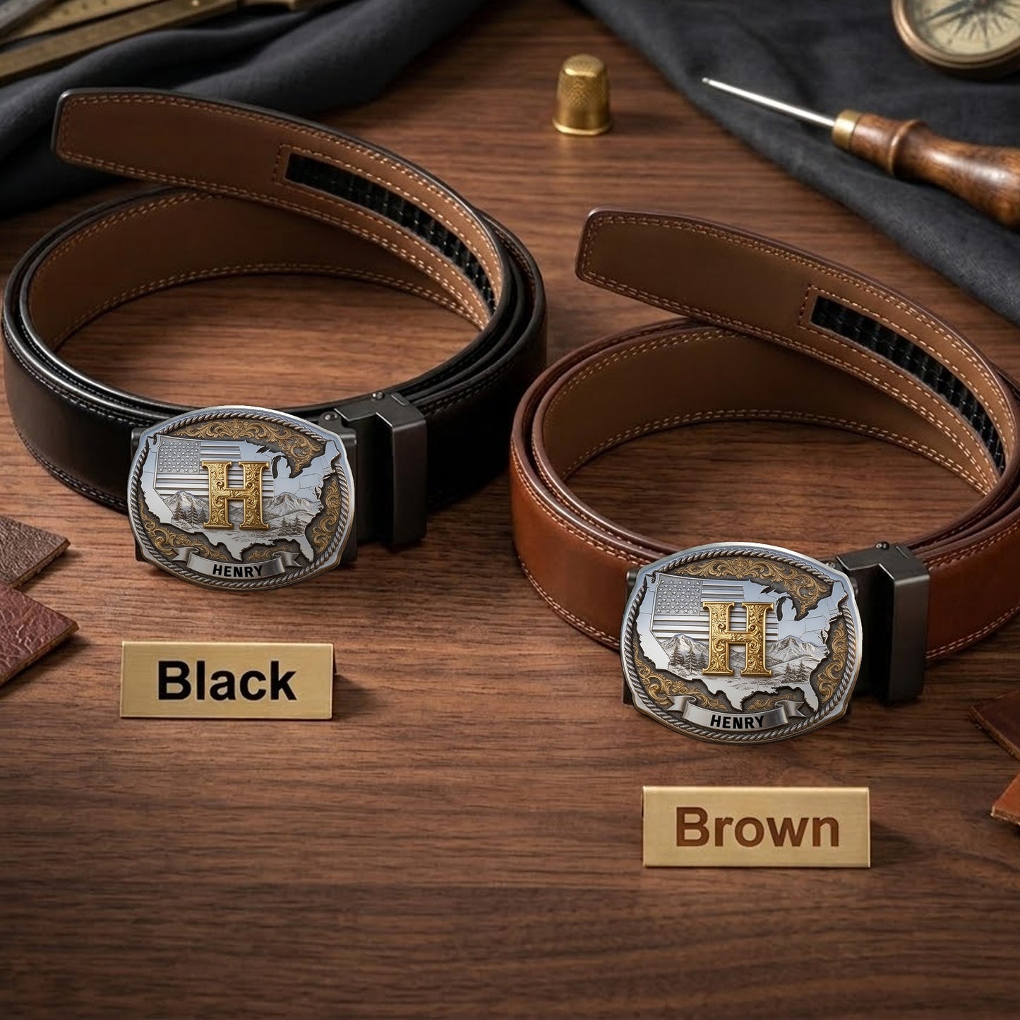 Custom Initial Buckle Belt, United State Map, Gift For Him - Personalized Patriot Leather Belt With Shaped Buckle