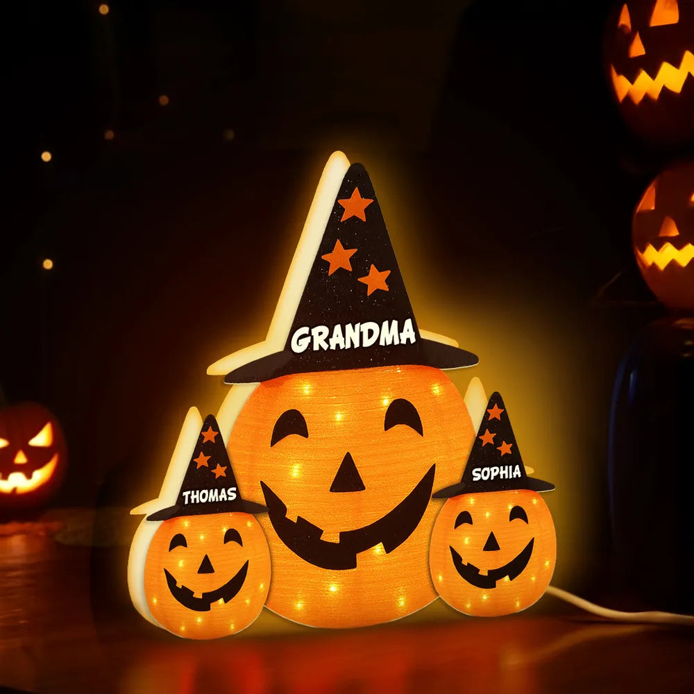 Custom Family Pumpkin Acrylic Light Box with “GRANDMA” – Bright Seasonal Lamp, Heartfelt Gift for Grandma and the Little Ones