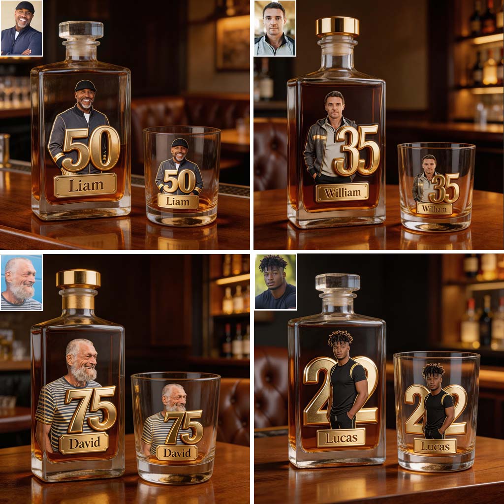 Custom Any Photo, Number - Personalized Birthday Whiskey Decanter Set