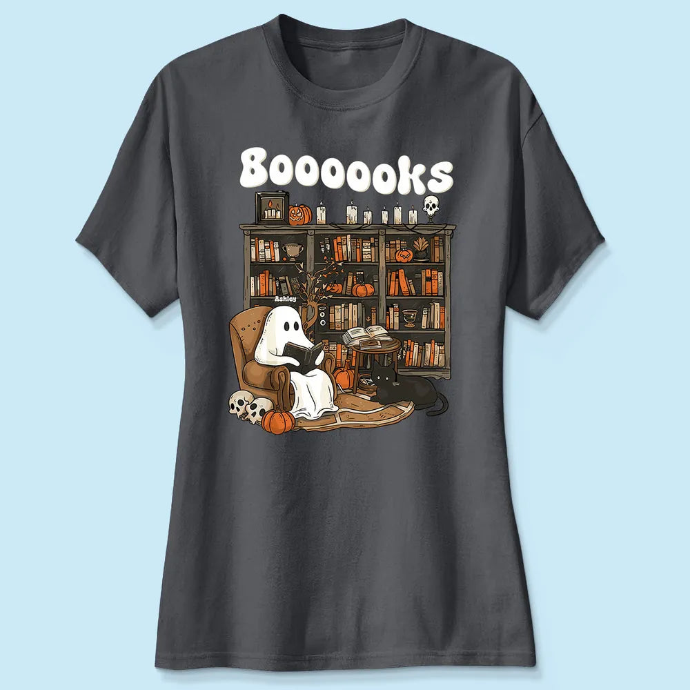 Personalized Boooooks Ghost Reading Books Classic Tee - Cute Retro Halloween Library Look, Unique Gift for Book Lovers