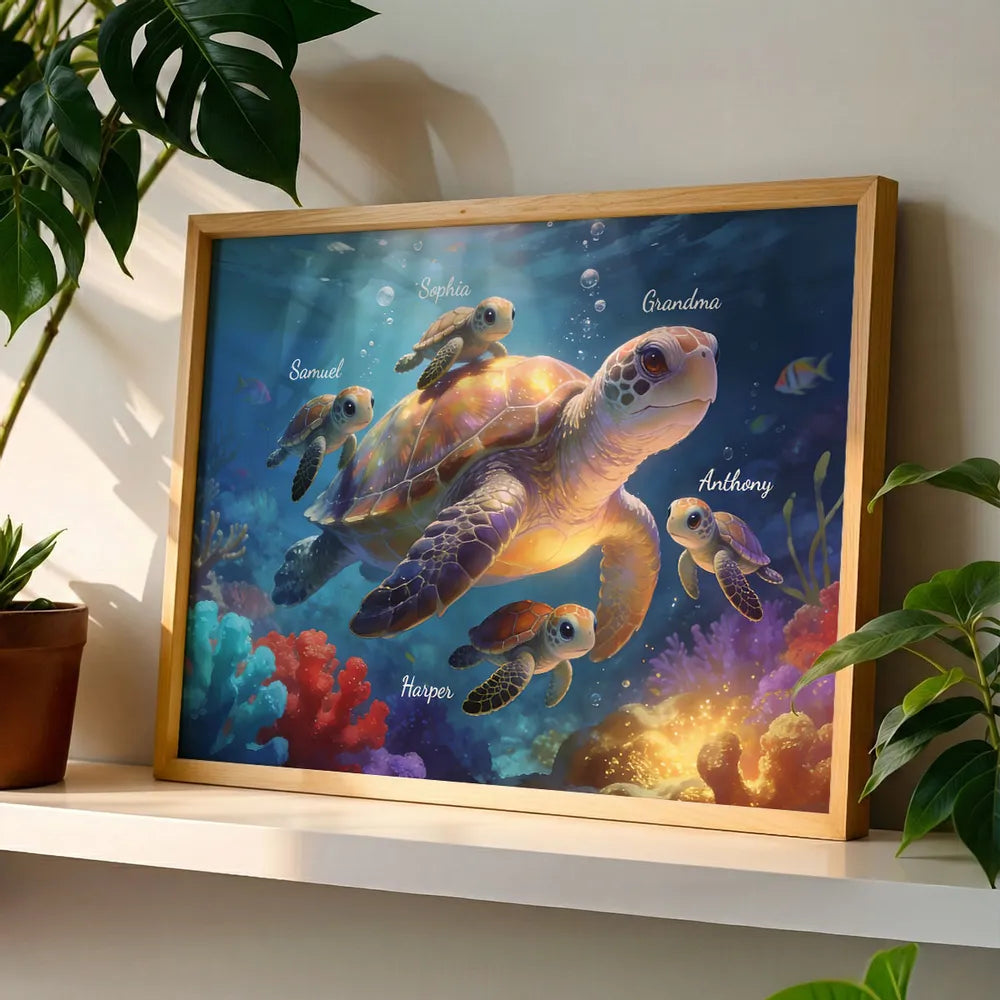 Underwater Grandma Turtle With Little Turtles Personalized Poster, Vibrant Ocean Decor, Meaningful Gift for Grandma and Family