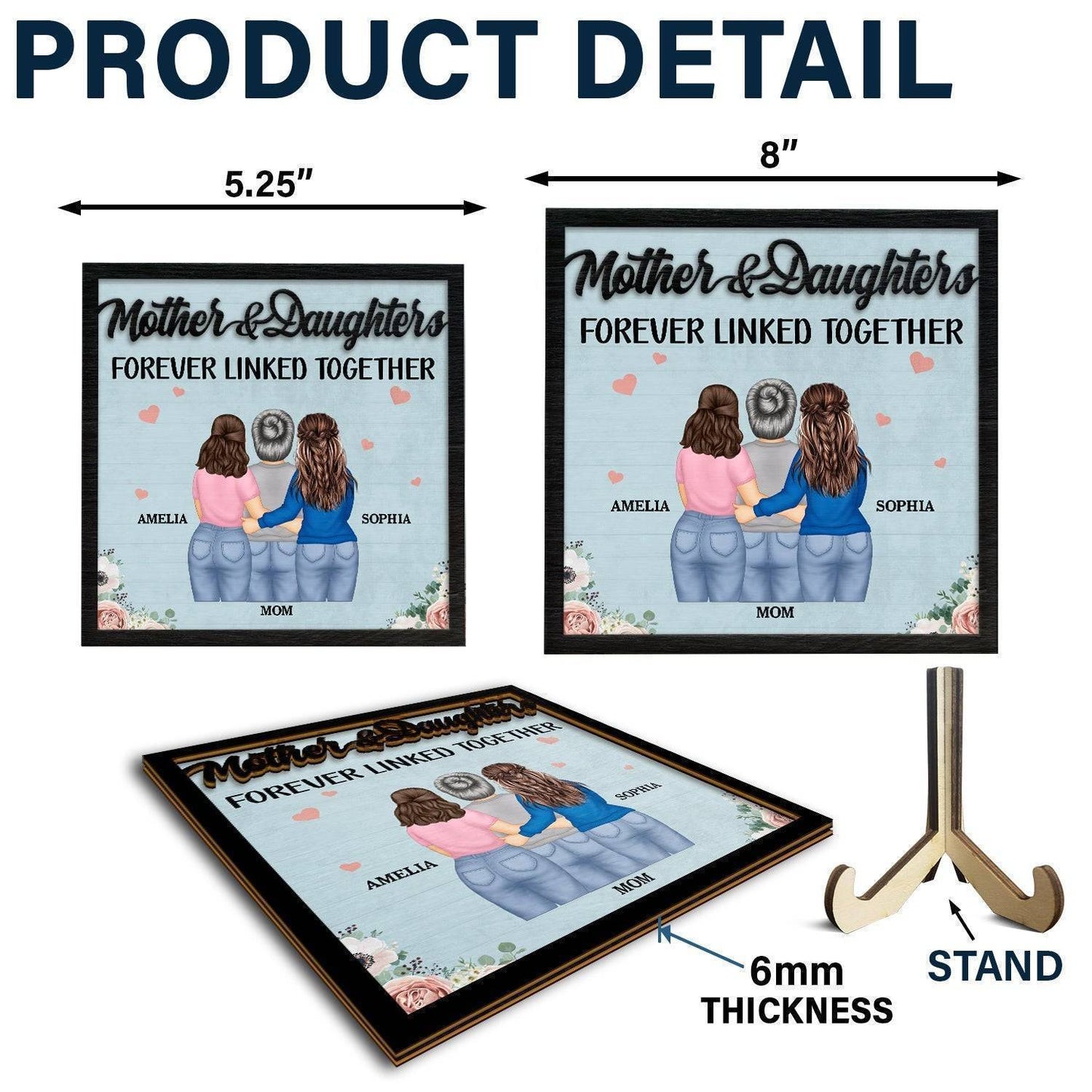 Eternal Maternal Bond - 'Mother and Daughters Forever Linked' Personalized Wooden Plaque with Stand - Ideal Gift for Mom & Grandma on Mother's Day