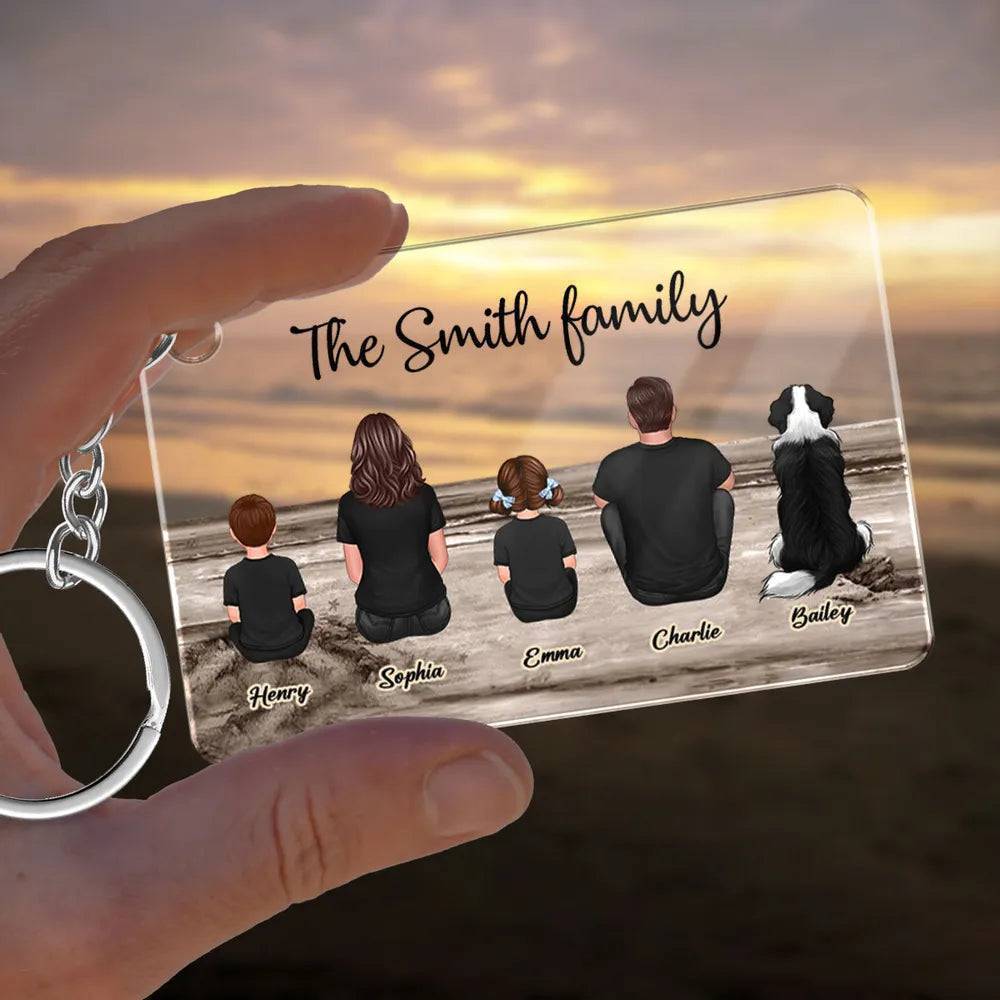 Beach Landscape Family Sitting Back View - Personalized Doormat or Keychain or Poster or Plaque or Car Hanger or Pillow - Ideal Gift for Loved Ones