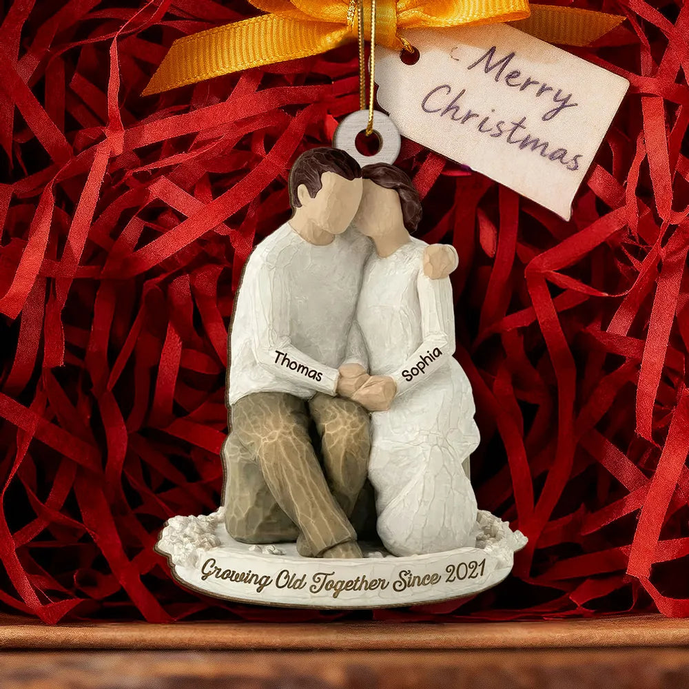 Custom Romantic Wooden Ornament with Cuddling Couple, Cozy Holiday Tree Decoration, Meaningful Unique Gift for Him & Her