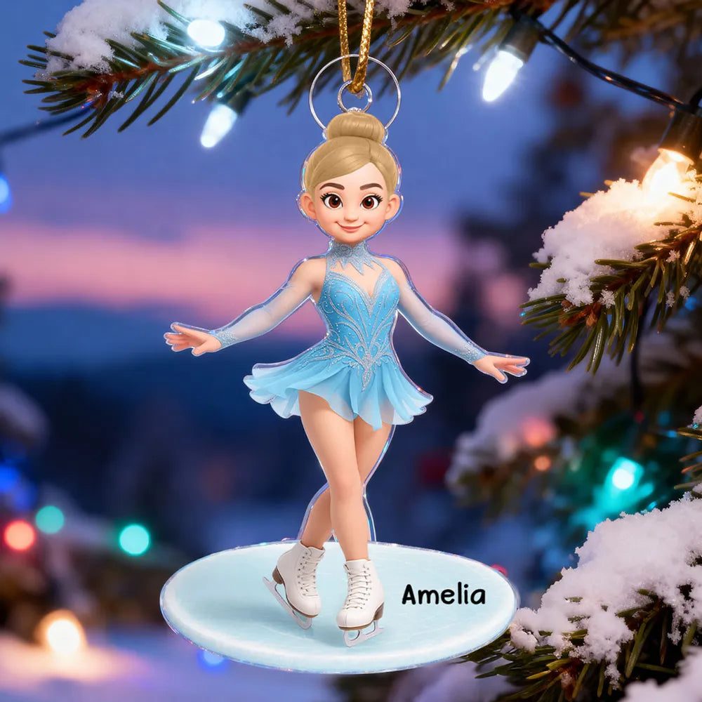 Cute Figure Skater Acrylic Ornament for Holiday Tree, Winter Wonderland Decor and Creative Gift for Daughters and Young Skaters