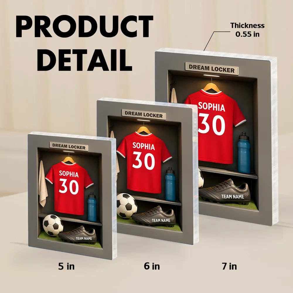 Rectangle Acrylic Block Plaque Personalized Dream Locker Soccer Jersey Scene, Sentimental Display Gift for Soccer Lovers and Families