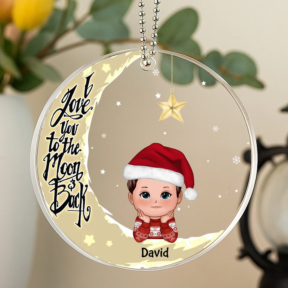 Acrylic Ornament with Crescent Moon & Cute Kid, I Love You to the Moon & Back, Unique Christmas Gift for Mom or Grandma
